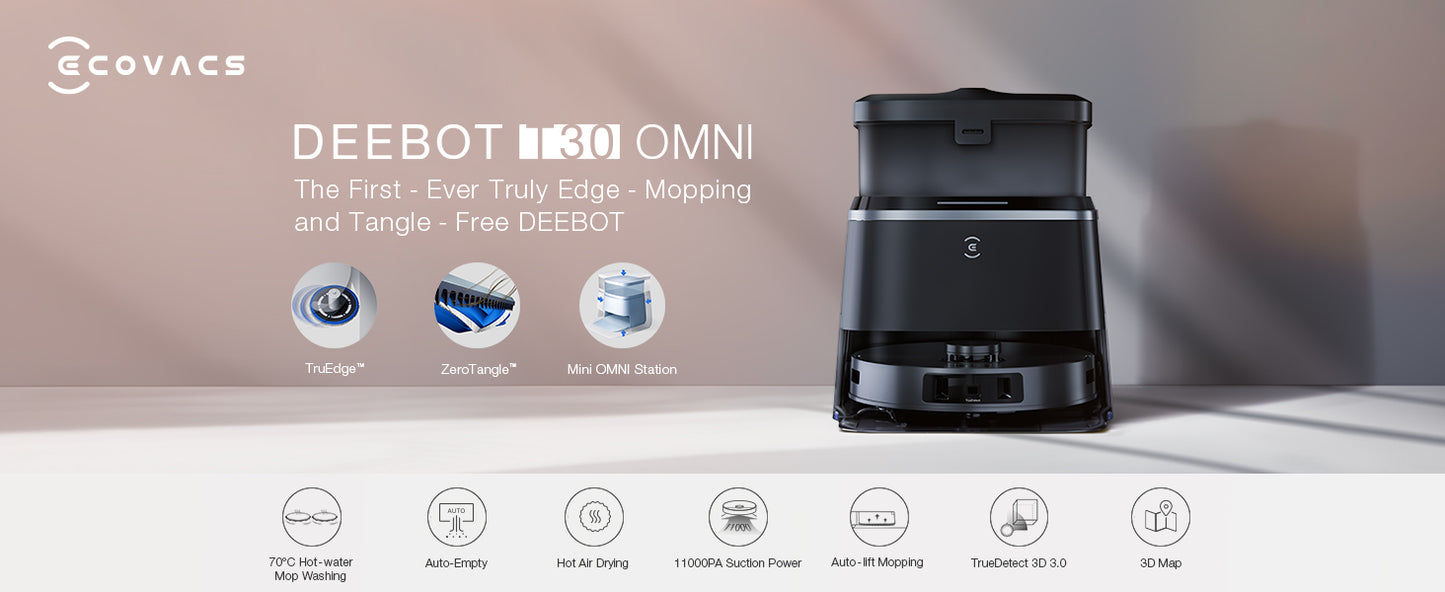 ECOVACS Deebot T30 Omni Robot Vacuum Cleaner with Wiping Function, Mini Station Vacuum Cleaner Robot, 11,000 PA Suction Power, Adaptive Edge Cleaning with TruEdge™ Mopping Technology, ZeroTangle™